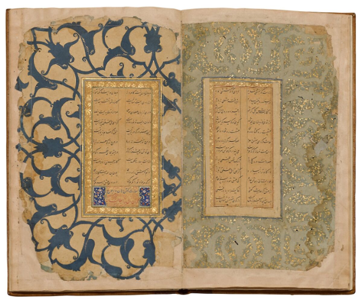 An Illuminated Manuscript of Poetry in Nasta'liq, Ink, opaque watercolor, and gold on paper; leather binding
