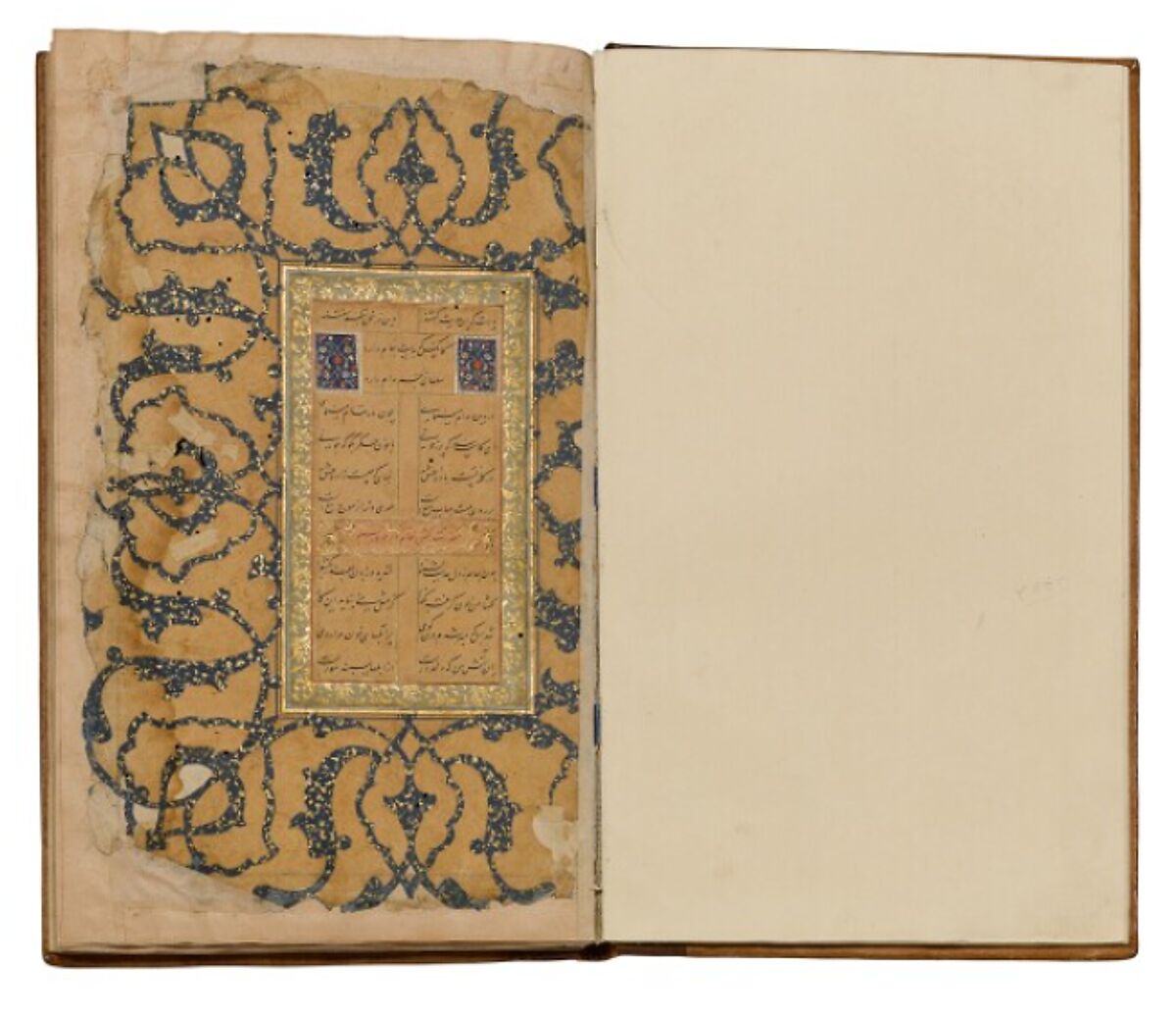 An Illuminated Manuscript of Poetry in Nasta'liq, Ink, opaque watercolor, and gold on paper; leather binding