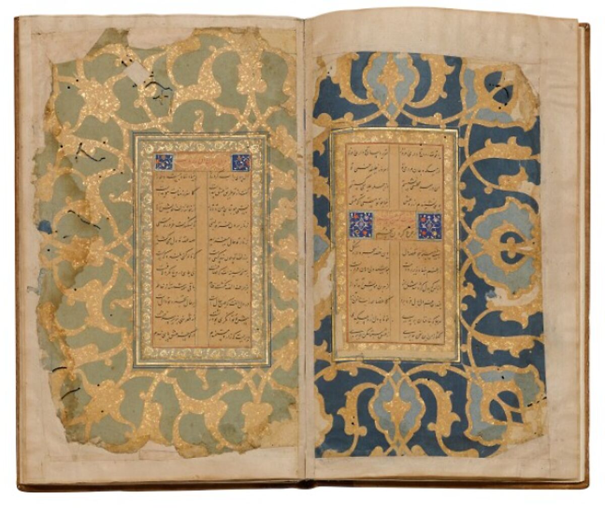 An Illuminated Manuscript of Poetry in Nasta'liq, Ink, opaque watercolor, and gold on paper; leather binding