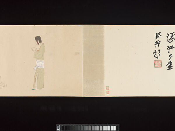 Court Lady Tuning a Zither, Chang Dai-chien (Zhang Daqian) (Chinese, 1899–1983), Handscroll; ink and color on paper, China