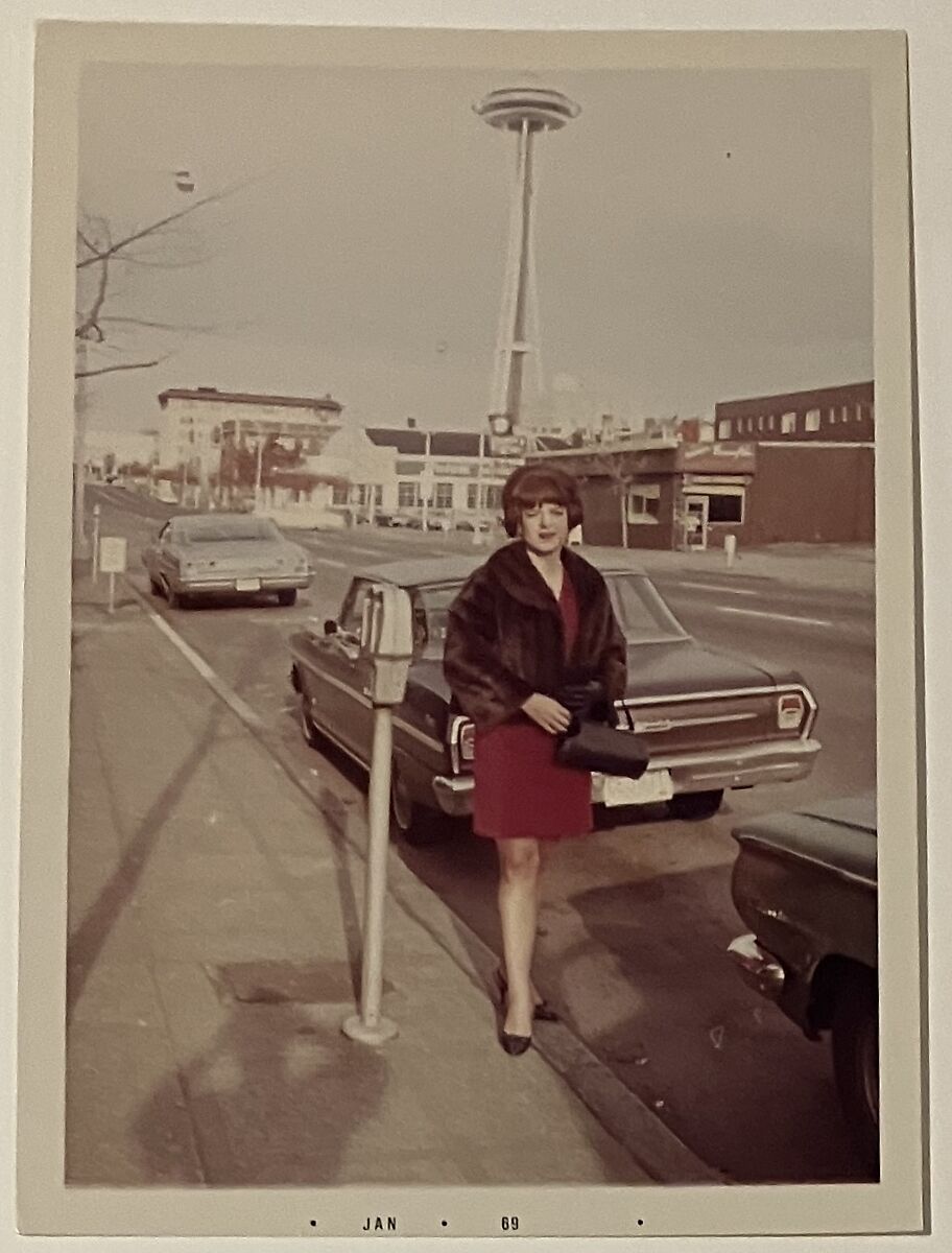 [Kate outside in red dress and fur, Seattle], Unknown, Chromogenic print