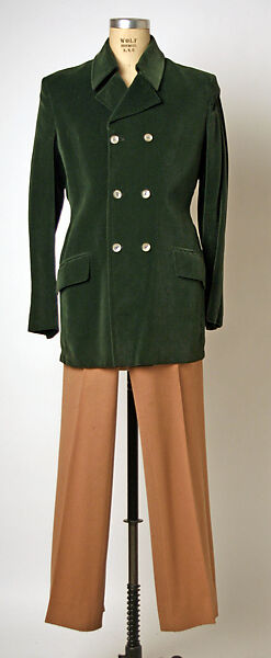 Evening ensemble, cotton, wool, plastic, leather, metal, British 