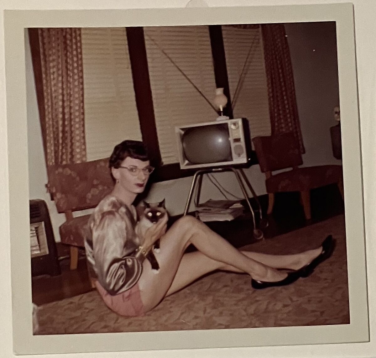[Loretta on floor with cat], Unknown, Chromogenic print