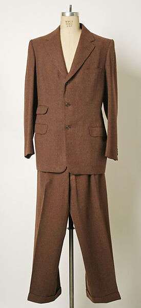 Suit, wool, rayon, bronze, elastic, leather, silk, American 