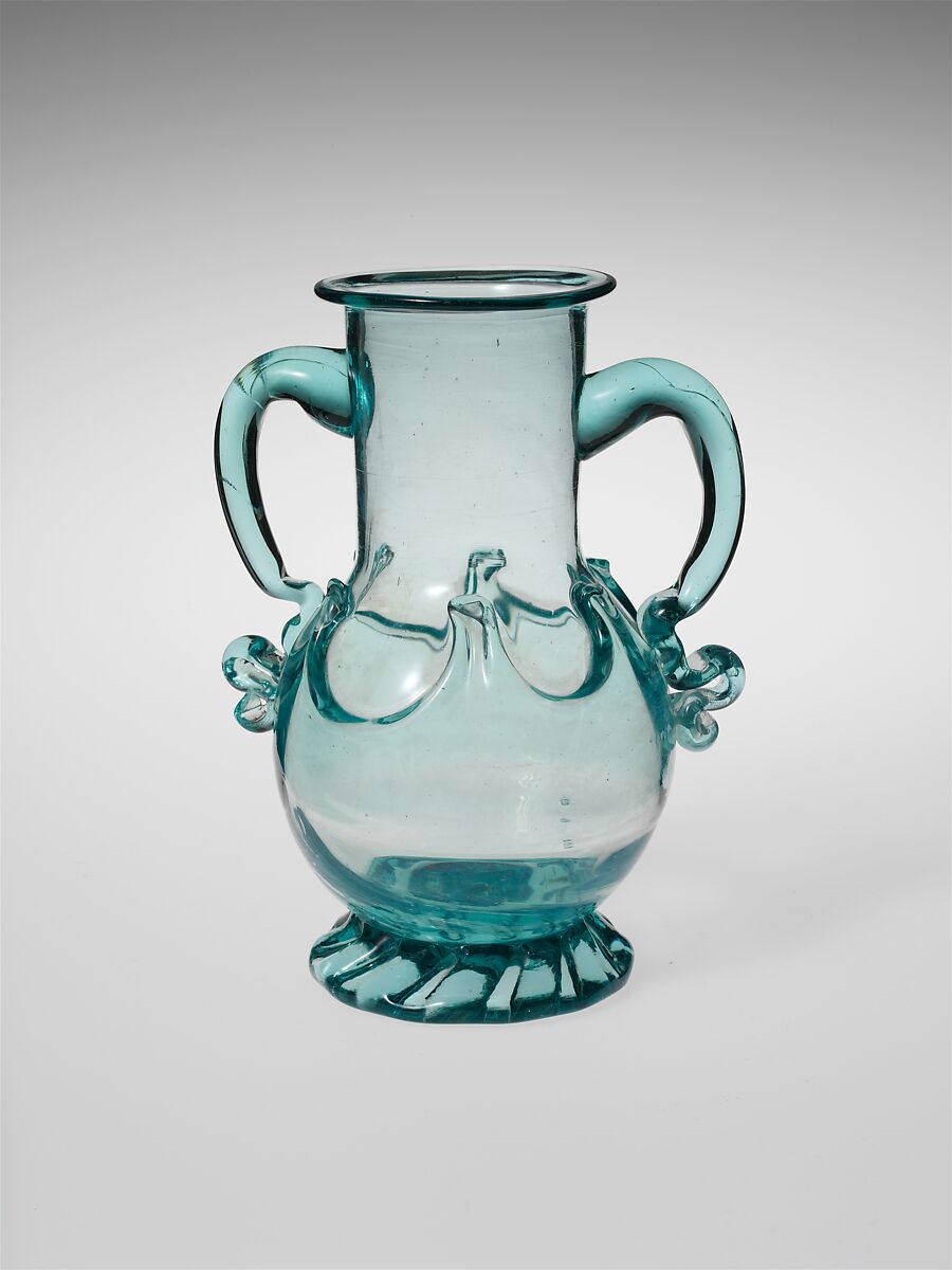Vase, Blown non-lead aquamarine glass with applied decoration, American 