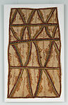 Amami nioge (moköjö bineb’e, mi’ija’ahe, ije bi’weje, dubidubi’e, ohu’o sabu deje) - Cloth of the Ancestors (with chest feathers of the red parrot; animal bones; boys chopping tree branches; leaves of the dubi’e plant; and spots of the wood-boring grub), Fate Savari, Barkcloth, paint