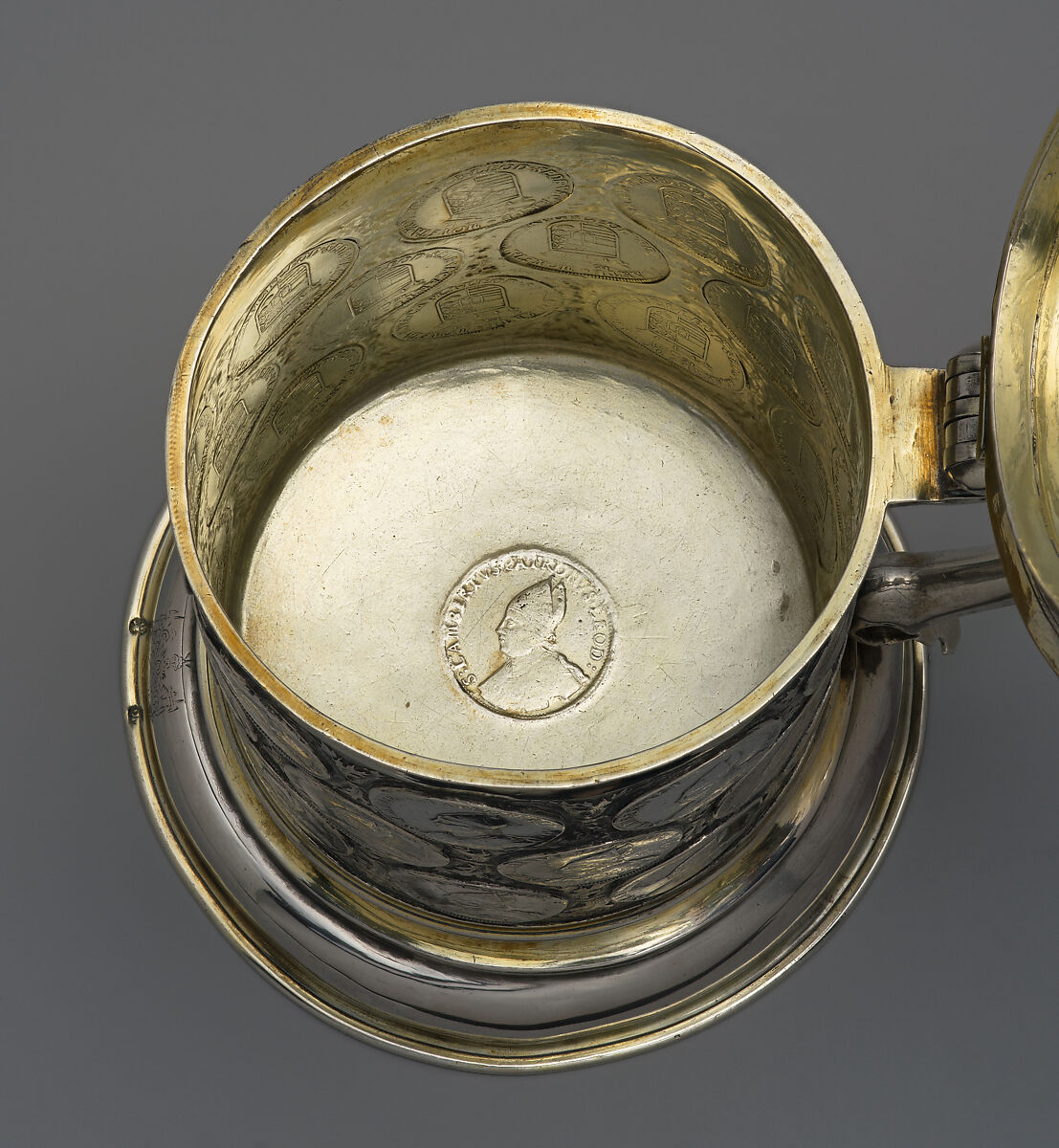 Coin Tankard, Daniel Männlich der Ältere (German, Obersdorf 1625–1701 Berlin), Silver, partially gilded, inset with silver coins, German, Berlin