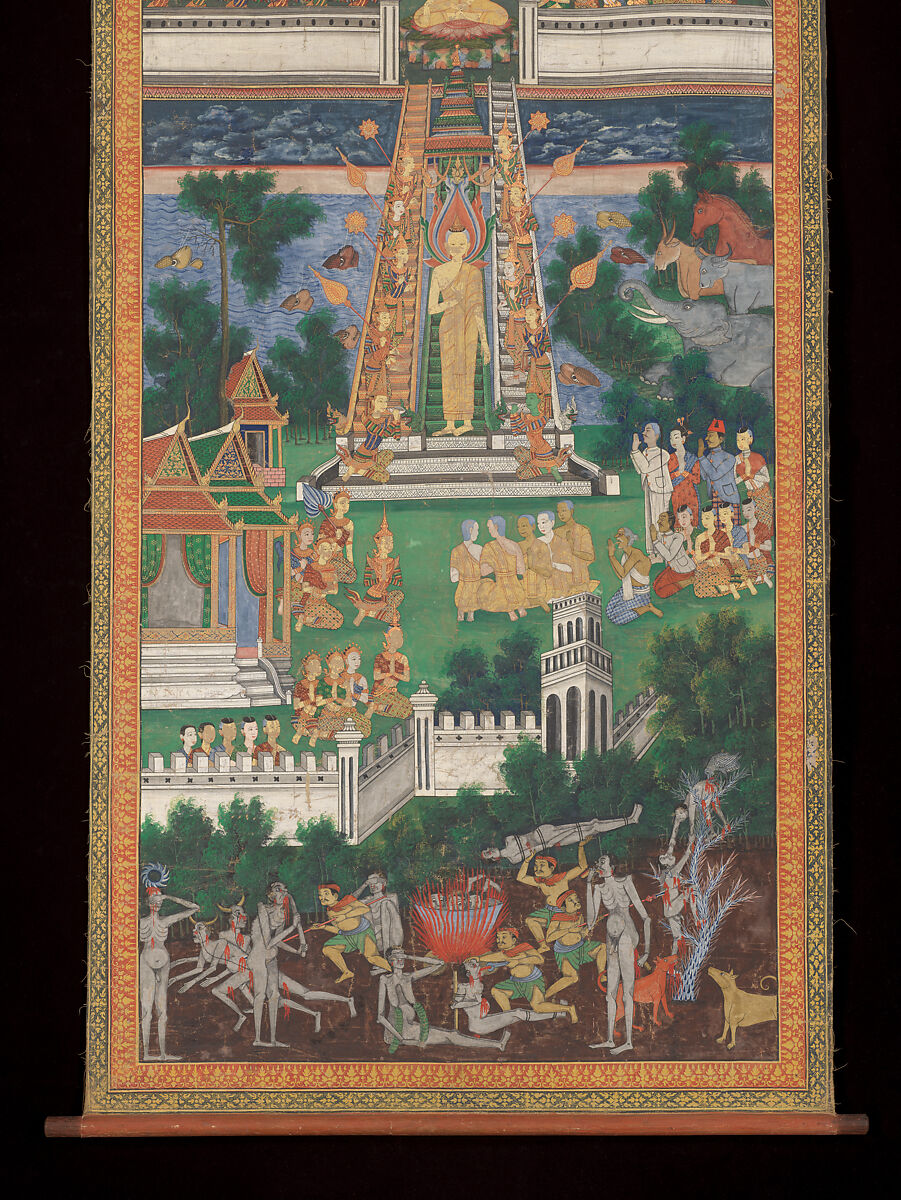 The Buddha Descending from Trayastrimsa Heaven at Sankissa, Banner painting; gouache, ink, and gold on linen-backed cotton, Thailand 
