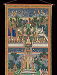 The Buddha Descending from Trayastrimsa Heaven at Sankissa, Banner painting; gouache, ink, and gold on linen-backed cotton, Thailand