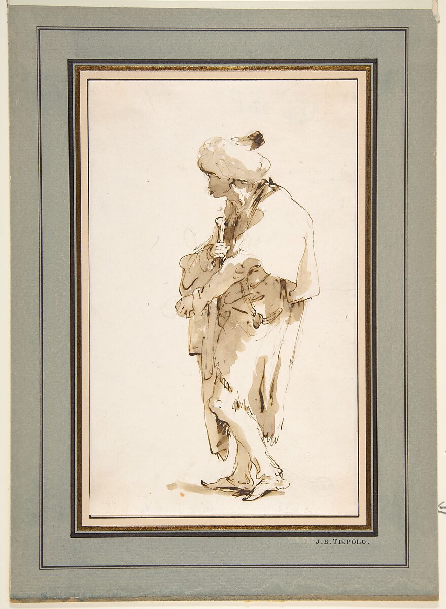 Standing Man in a Turban, Holding a Sword, Giovanni Battista Tiepolo (Italian, Venice 1696–1770 Madrid), Pen and dark brown ink, brush and brown wash, over black chalk 