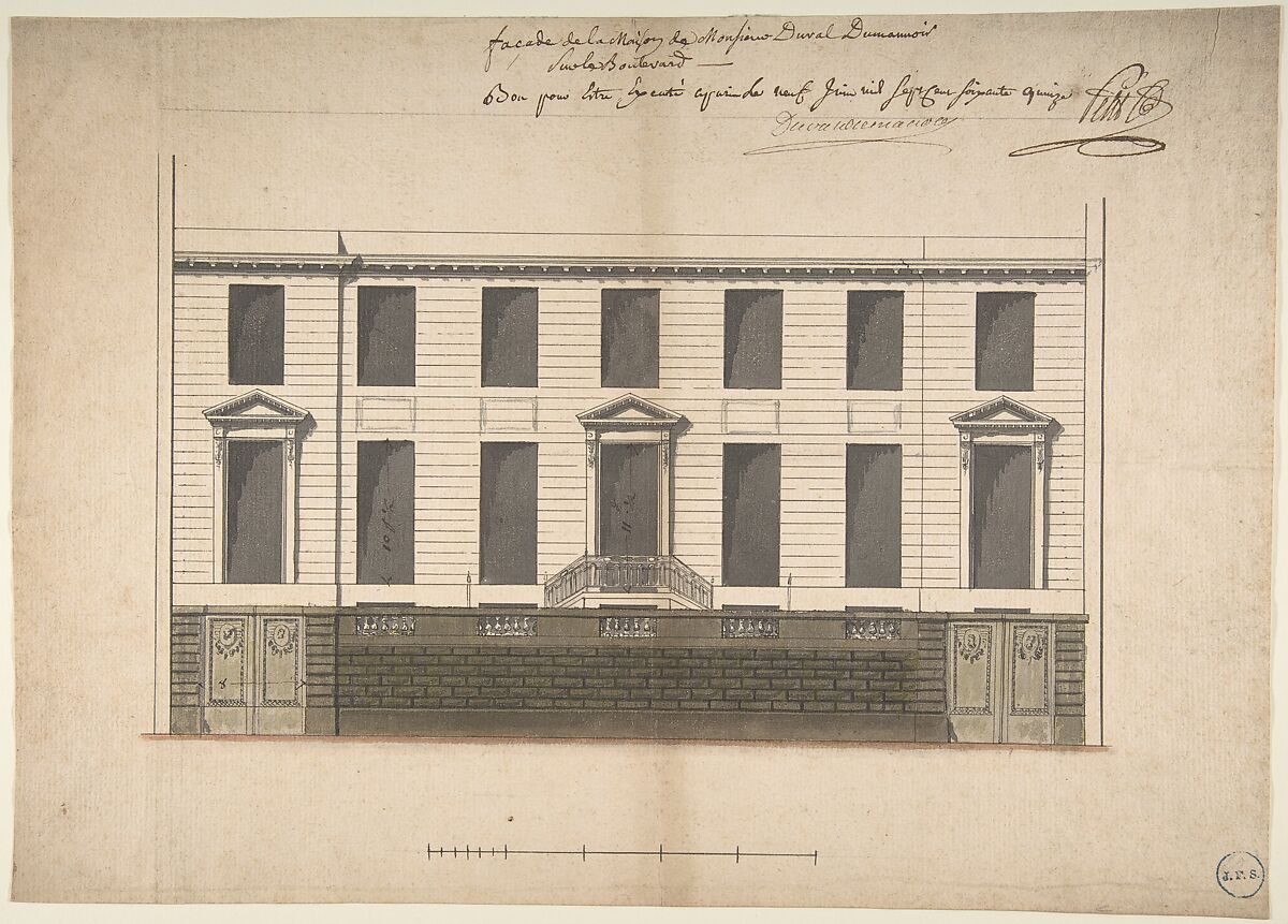 Elevation for the Court Front of the Hotel de Duval Dumanoir on Blvd. Montmartre, Paris, Pierre-Jean-Baptiste Chaussard (French, 1766–1823), Pen and black ink, brush and gray and green wash, and graphite 