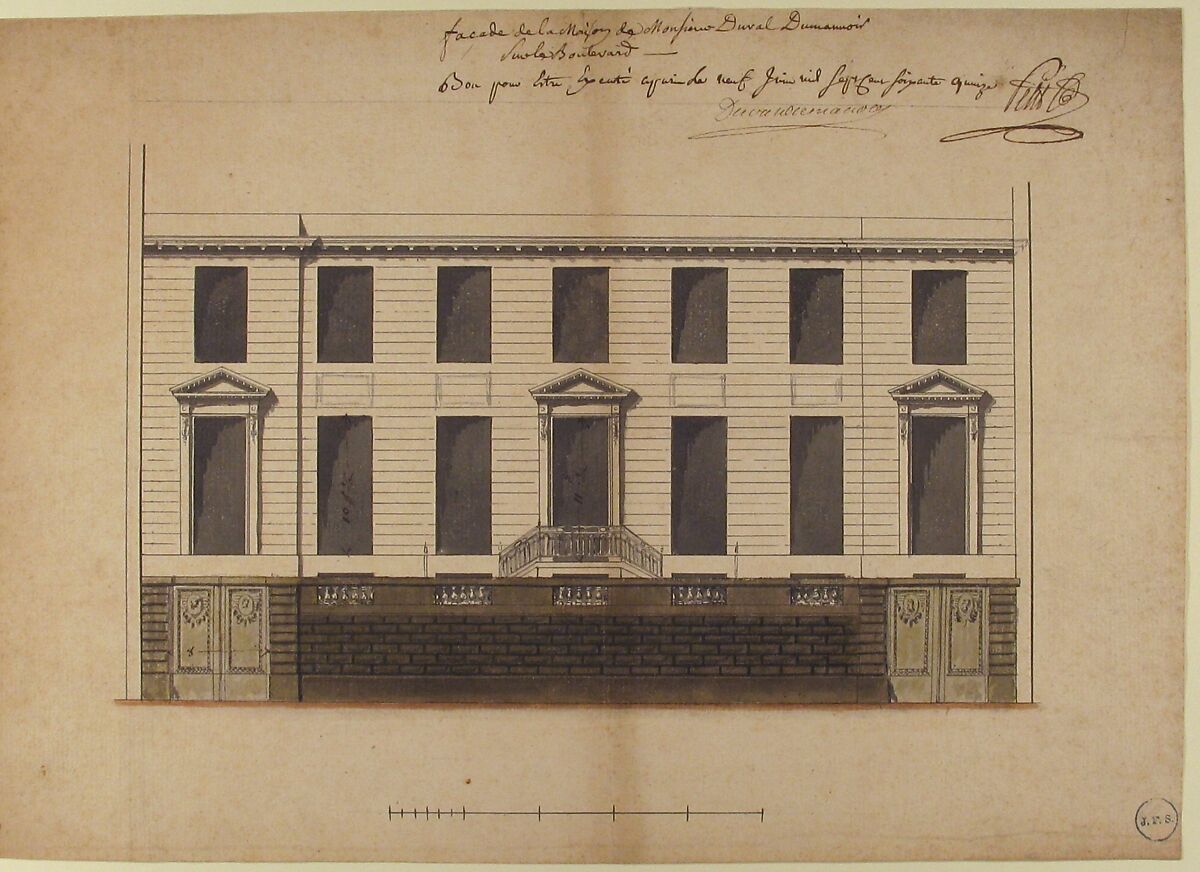 Elevation for the Court Front of the Hôtel de Duval Dumanoir on Blvd. Montmartre, Paris, Pierre-Jean-Baptiste Chaussard (French, 1766–1823), Pen and black ink, brush and gray and green wash, and graphite