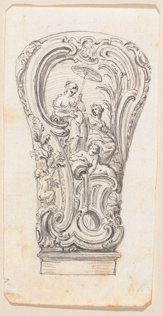 Design for a Repouseé Cane Handle, Juste Aurèle Meissonnier (French, Turin 1695–1750 Paris), Pen and gray ink with brush and gray wash over graphite underdrawing