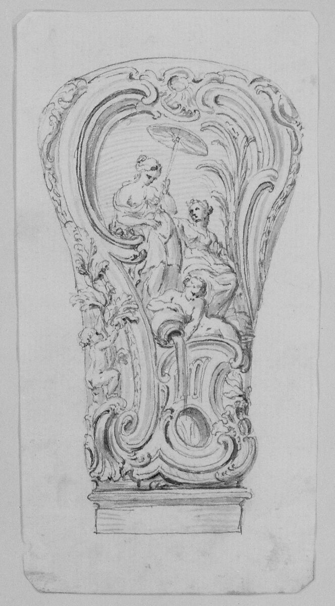 Design for a Repouseé Cane Handle, Juste Aurèle Meissonnier (French, Turin 1695–1750 Paris), Pen and gray ink with brush and gray wash over graphite underdrawing