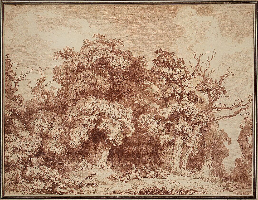 A Gathering at Wood's Edge, Jean Honoré Fragonard (French, Grasse 1732–1806 Paris), Red chalk