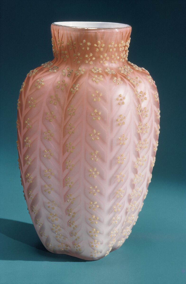 Vase, Blown satin cranberry and yellow glass, British 