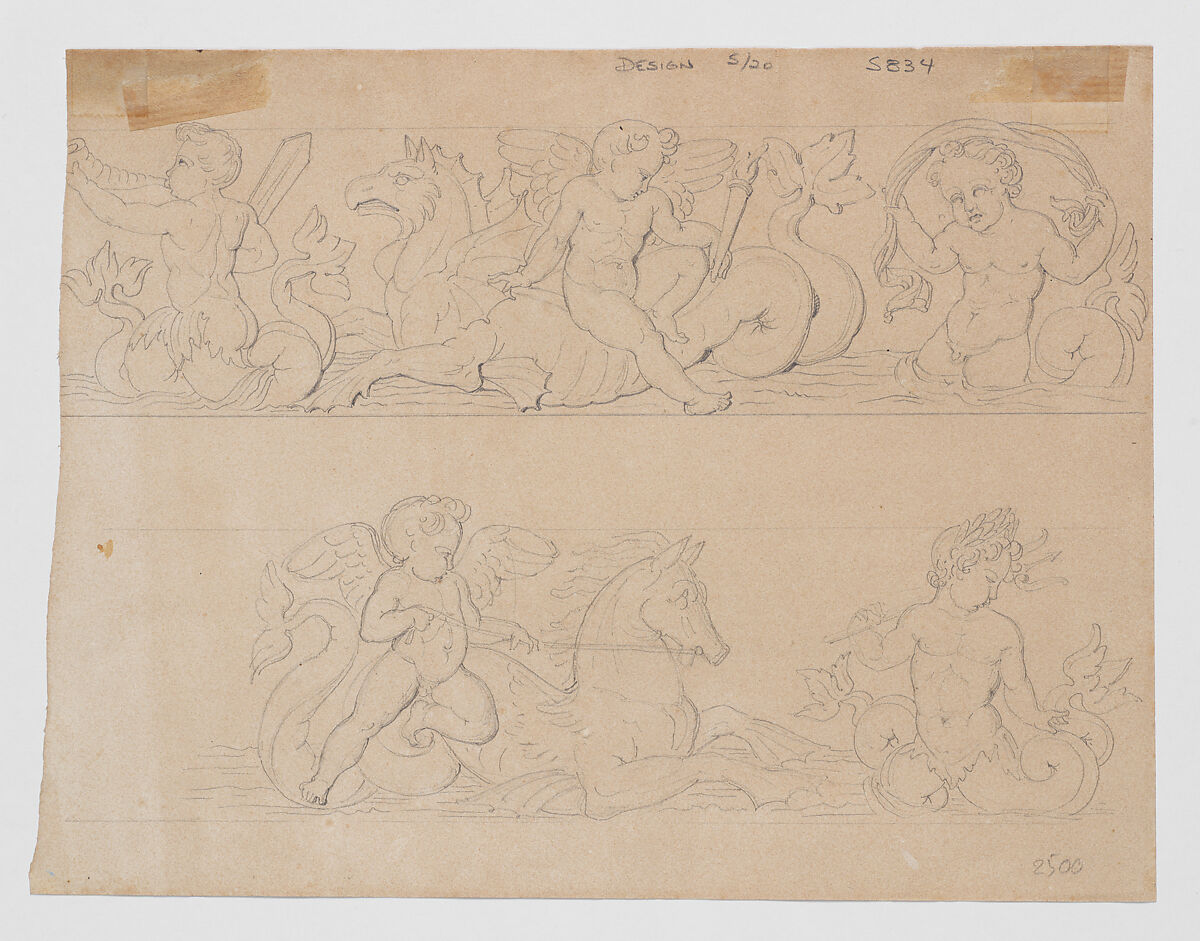 Two Designs for Pediments with Putti and Sea Creatures; Two designs for friezes with Putti and Sea Creatures on the Verso, Jean-Baptiste Louis Plantar (French, Paris 1790–1879), Graphite, pen and ink, watercolor