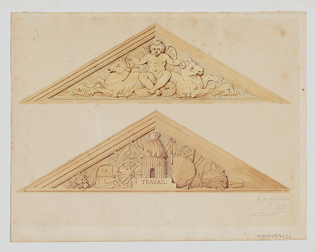 Two Designs for Pediments, one with a Putto and Hybrid creatures, another dedicated to Labor (Travail)