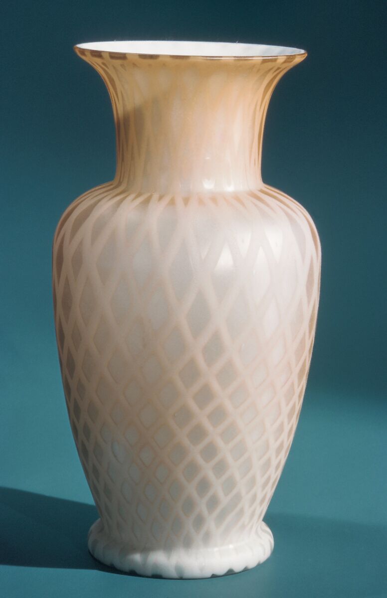 Vase, Blown satin pink glass, American 