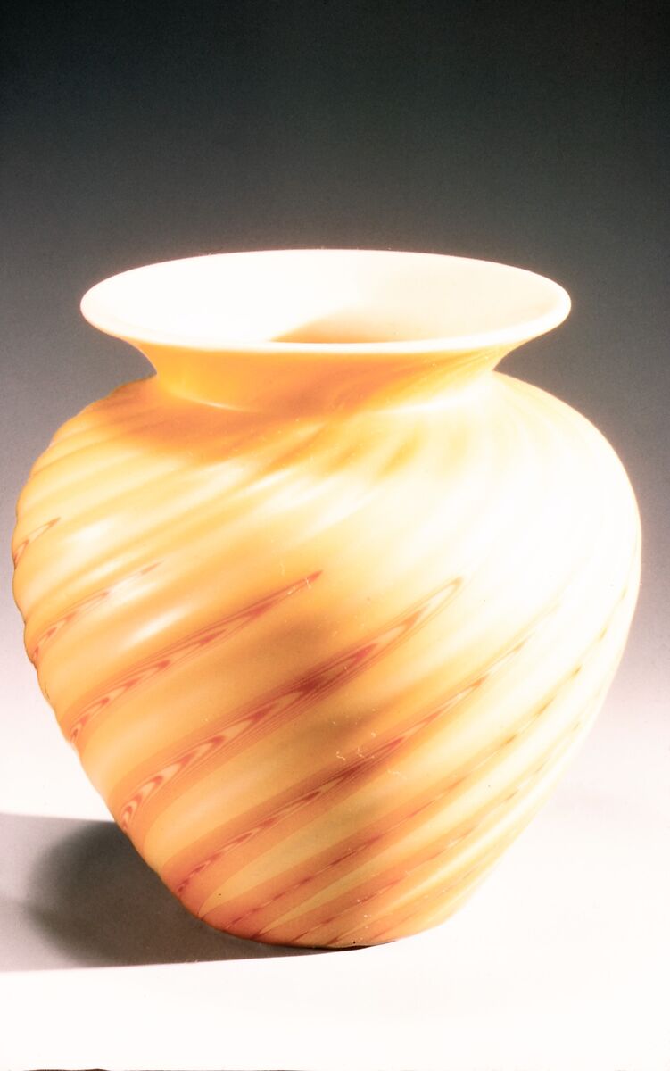 Vase, Blown satin green and red glass, American 