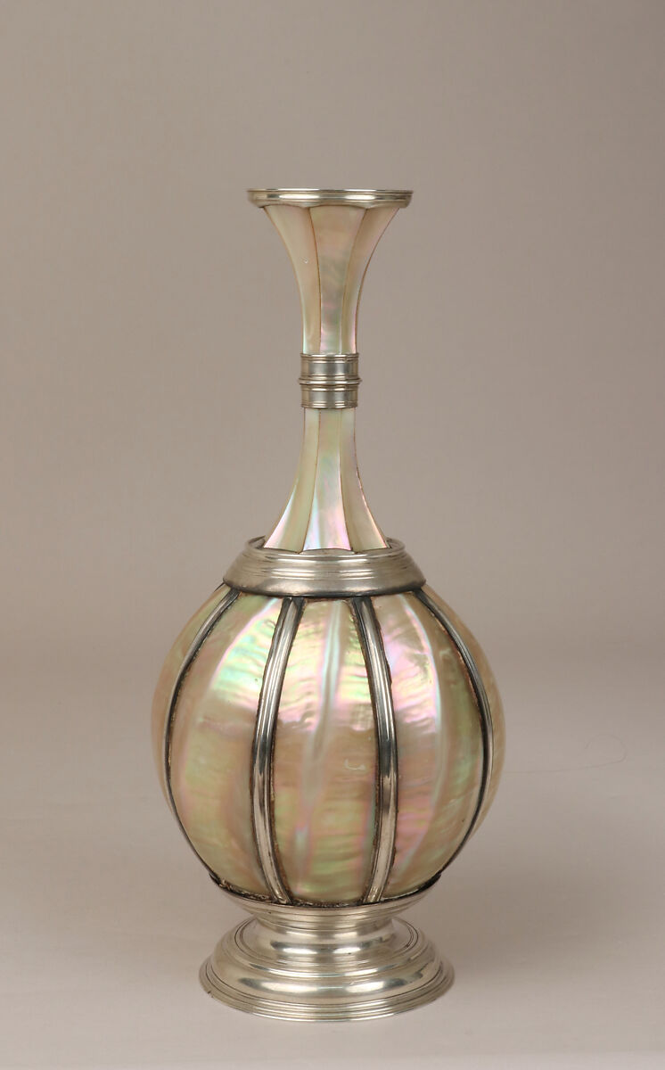 Flask, Andreas Joseph Rath (Austrian, 1681/82–1763), Silver, mother-of-pearl, Mounts: Austrian, Vienna; Shell: Indian, Gujarat 
