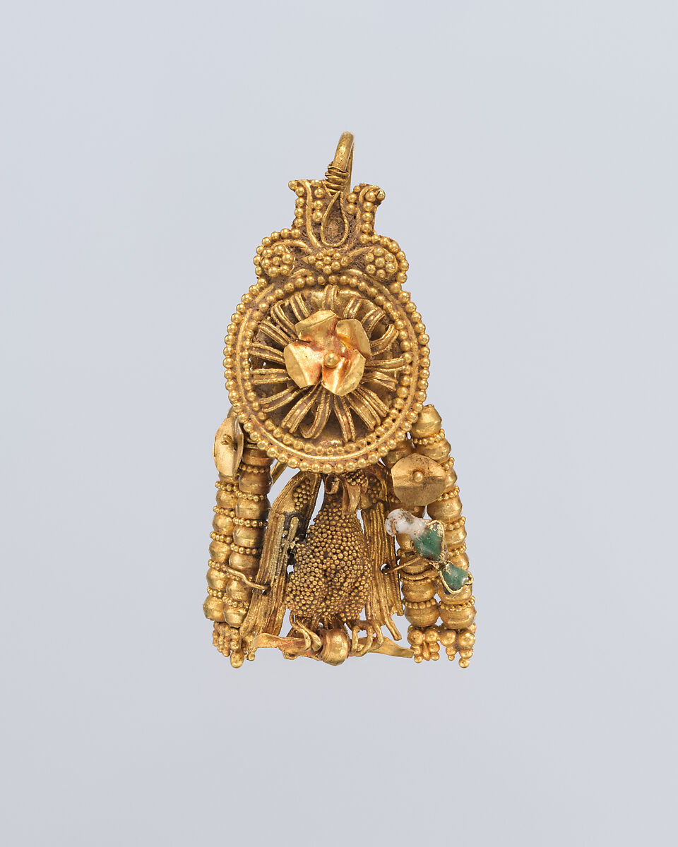 Pair of earrings, Gold and enamel, Greek, South Italian