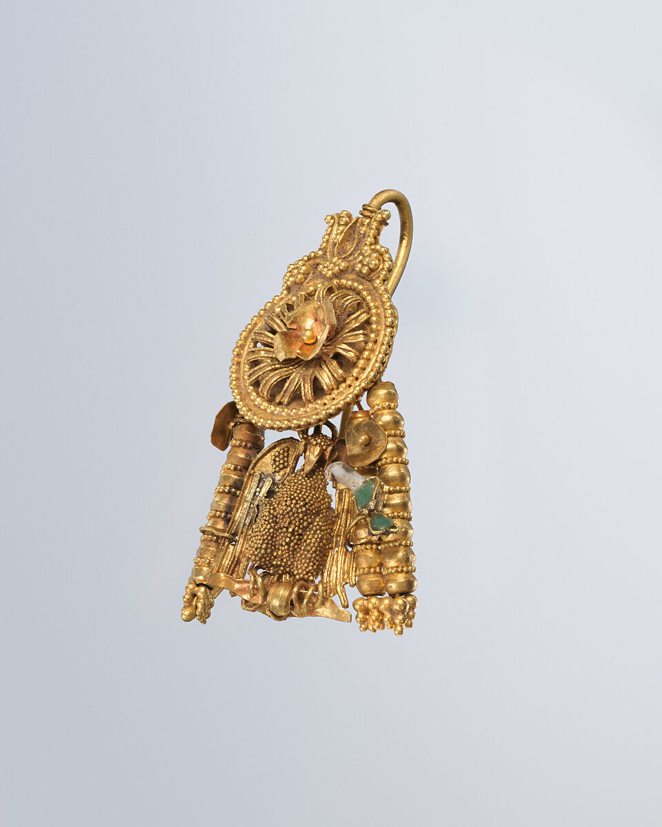 Pair of earrings, Gold and enamel, Greek, South Italian