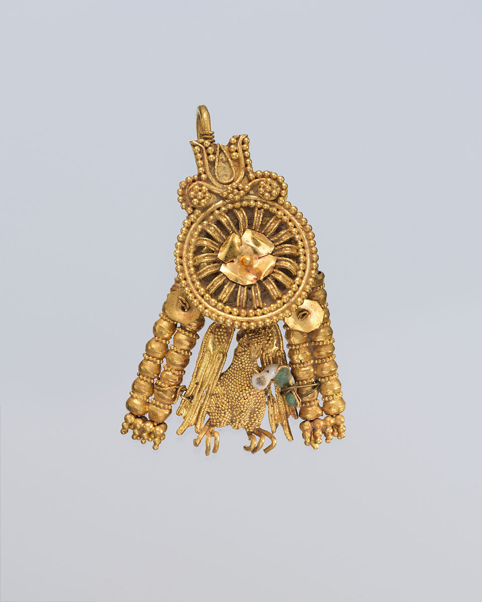 Pair of earrings, Gold and enamel, Greek, South Italian