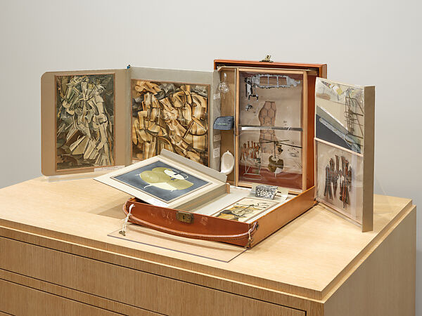 Boîte-en-valise, Marcel Duchamp (American (born France), Blanville 1887–1968 Neuilly-sur-Seine), Leather valise containing a box with 69 reproductions and an original item, La Fourchette du Cavalier (card, cut out, with chicken wire inserted)