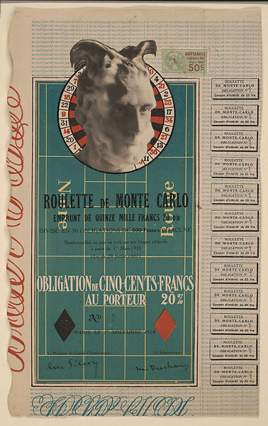 Monte Carlo Bond (No. 1), Marcel Duchamp  American, born France, Ink, gelatin silver print and printed paper with tax stamp