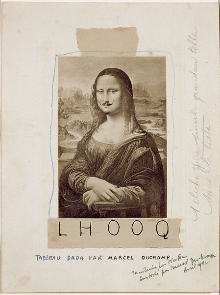 L.H.O.O.Q., Marcel Duchamp  American, born France, Engraving, pasted pieces of paper, and handwritten inscriptions in pencil
