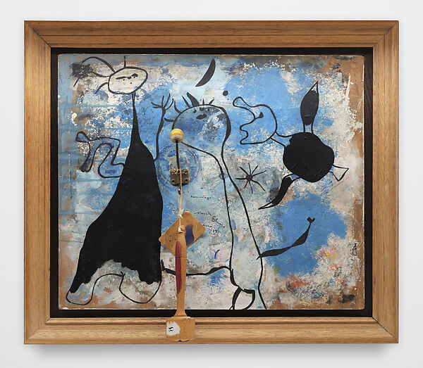 Hommage à Nusch Eluard, Joan Miró  Spanish, oil, metal coat hook with painted wooden knob, painted mallet, card printed with artist’s name and string on board