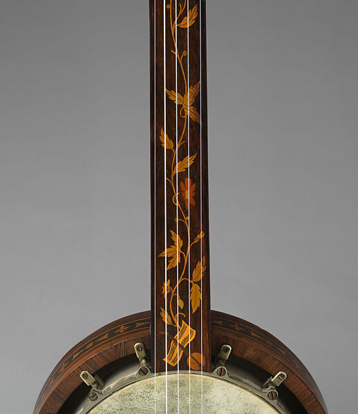 Banjo, Henry C. Dobson (American), Calfskin head, various woods, metal hardware, nylon strings, American