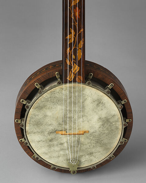 Banjo, Henry C. Dobson (American), Calfskin head, various woods, metal hardware, nylon strings, American