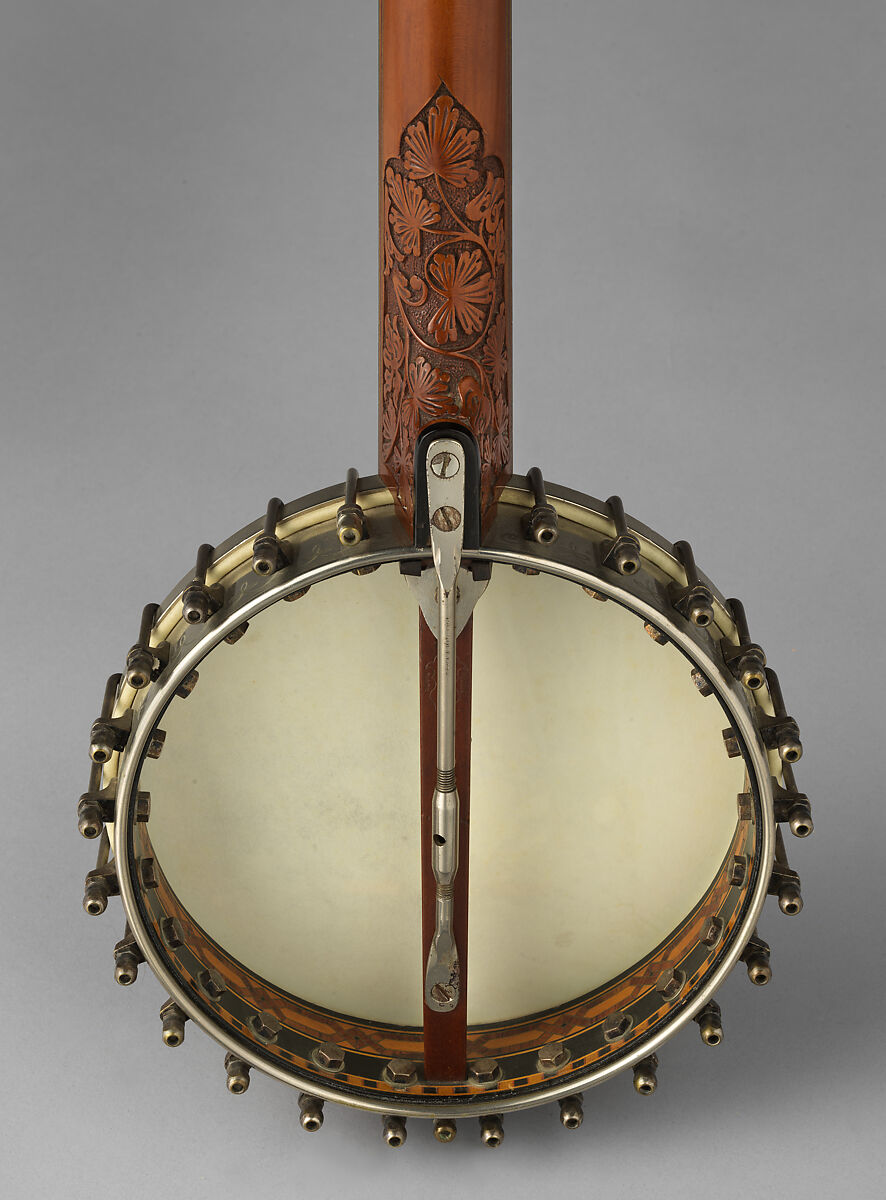 “Lady Stewart #3” 5-string banjo, Samuel Swain Stewart, Calfskin head, various woods (including ebony), metal hardware and cladding over rim, mother of pearl and abalone inlays, ebony fingerboard, nylon strings, ivory tuning pegs, ivory tail piece ornament and ebony nut, American