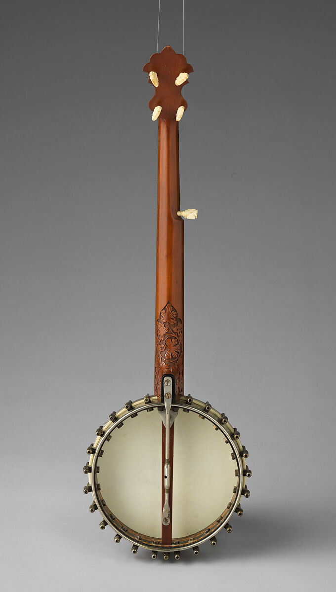“Lady Stewart #3” 5-string banjo, Samuel Swain Stewart, Calfskin head, various woods (including ebony), metal hardware and cladding over rim, mother of pearl and abalone inlays, ebony fingerboard, nylon strings, ivory tuning pegs, ivory tail piece ornament and ebony nut, American