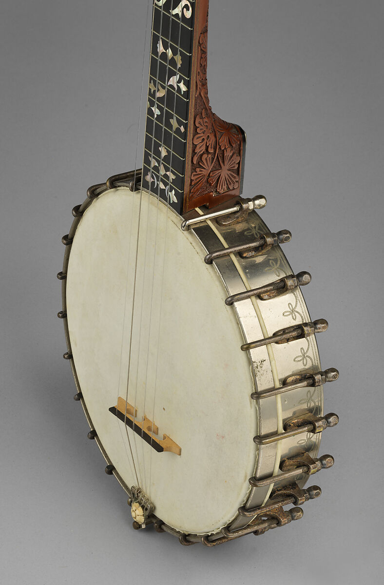 “Lady Stewart #3” 5-string banjo, Samuel Swain Stewart, Calfskin head, various woods (including ebony), metal hardware and cladding over rim, mother of pearl and abalone inlays, ebony fingerboard, nylon strings, ivory tuning pegs, ivory tail piece ornament and ebony nut, American