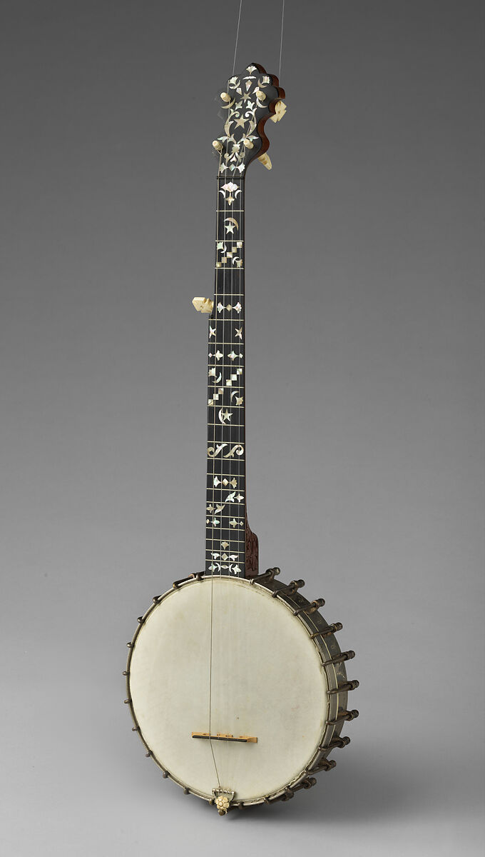“Lady Stewart #3” 5-string banjo, Samuel Swain Stewart, Calfskin head, various woods (including ebony), metal hardware and cladding over rim, mother of pearl and abalone inlays, ebony fingerboard, nylon strings, ivory tuning pegs, ivory tail piece ornament and ebony nut, American