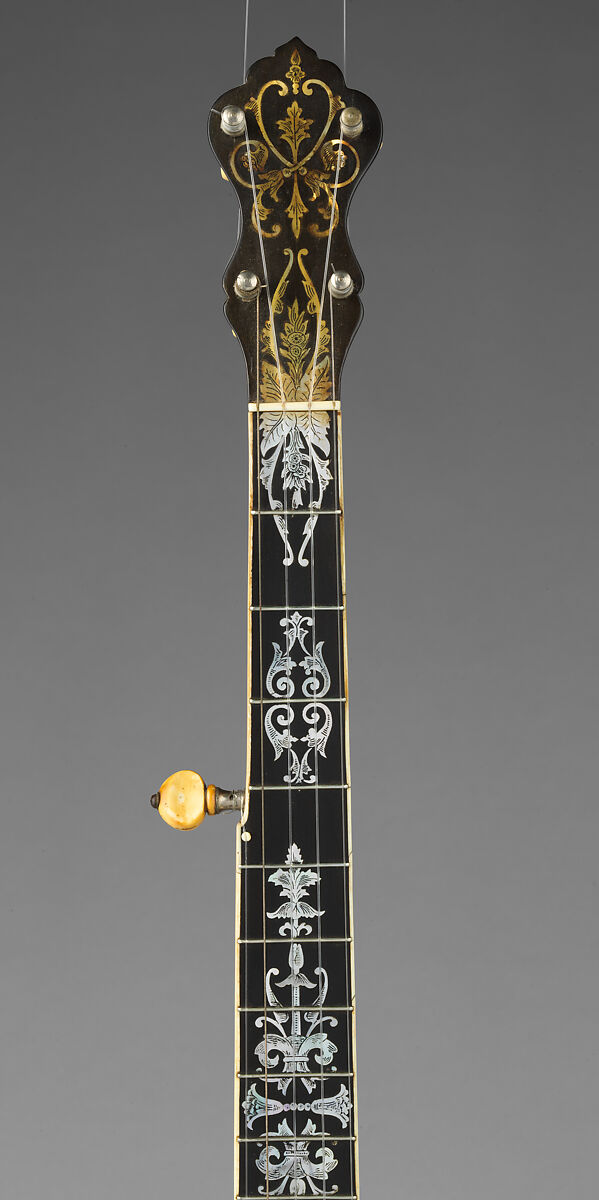 Baystate Presentation Banjo, John C. Haynes &amp; Co. (Boston, Massachusetts), Calfskin head, various woods (including ebony), metal hardware and cladding over rim, mother of pearl and abalone inlays, nylon strings, metal tuning pegs with ivoroid buttons, ivory fingerboard binding and ivory nut, American