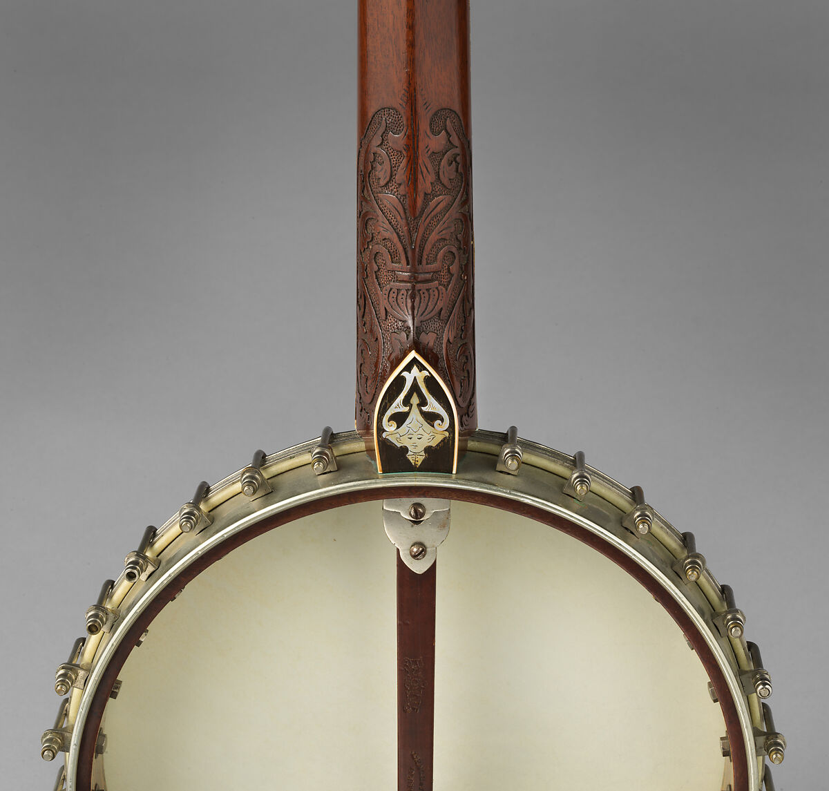 Baystate Presentation Banjo, John C. Haynes &amp; Co. (Boston, Massachusetts), Calfskin head, various woods (including ebony), metal hardware and cladding over rim, mother of pearl and abalone inlays, nylon strings, metal tuning pegs with ivoroid buttons, ivory fingerboard binding and ivory nut, American