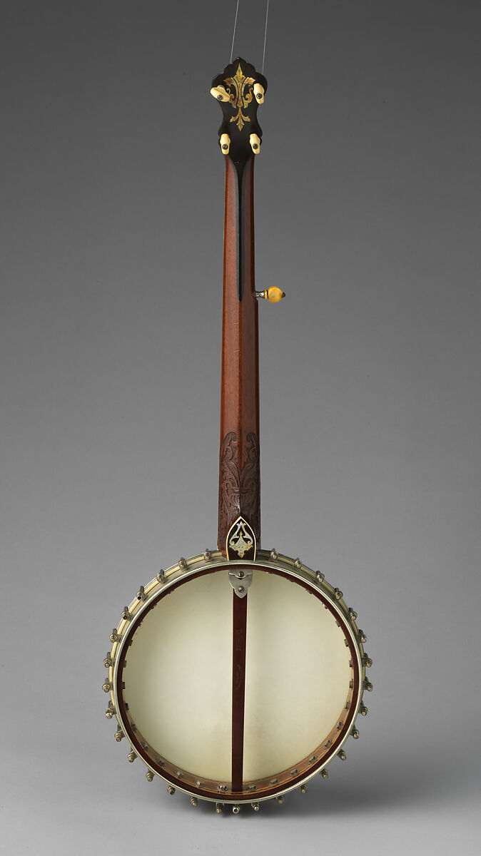 Baystate Presentation Banjo, John C. Haynes &amp; Co. (Boston, Massachusetts), Calfskin head, various woods (including ebony), metal hardware and cladding over rim, mother of pearl and abalone inlays, nylon strings, metal tuning pegs with ivoroid buttons, ivory fingerboard binding and ivory nut, American