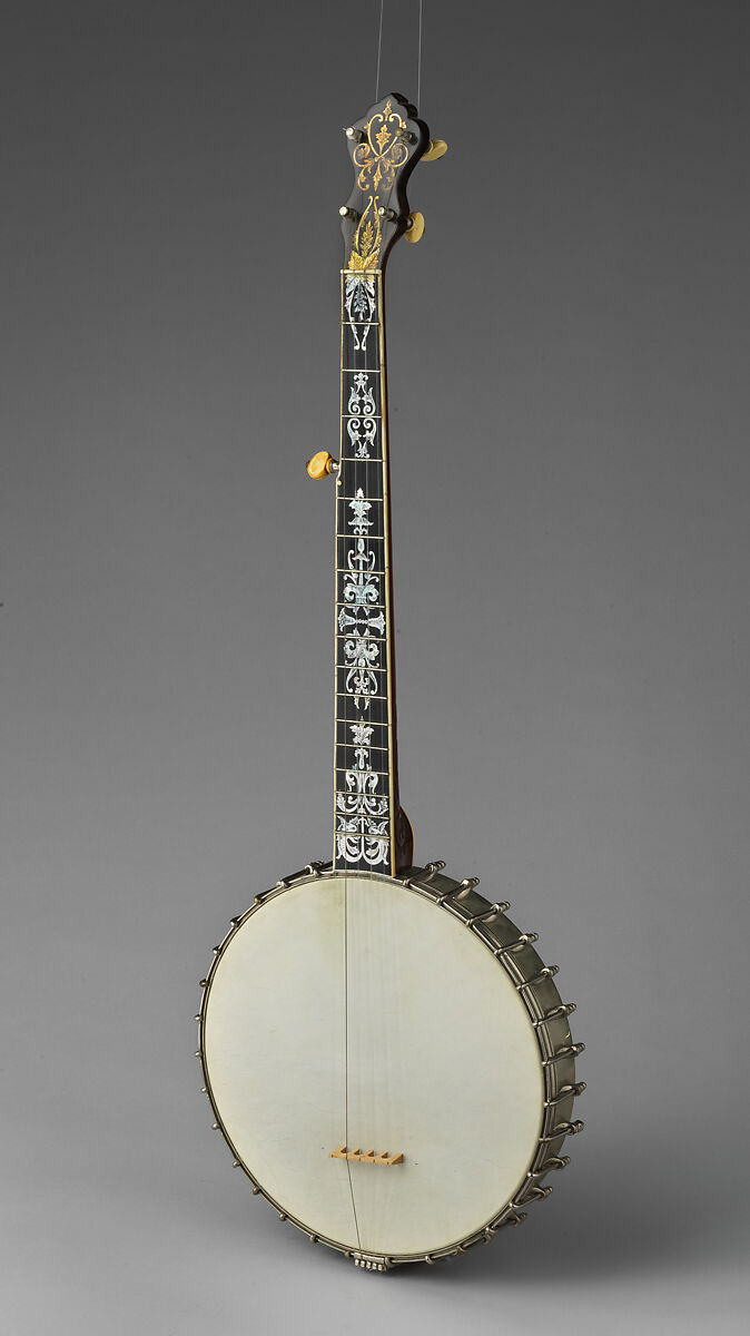 Baystate Presentation Banjo, John C. Haynes &amp; Co. (Boston, Massachusetts), Calfskin head, various woods (including ebony), metal hardware and cladding over rim, mother of pearl and abalone inlays, nylon strings, metal tuning pegs with ivoroid buttons, ivory fingerboard binding and ivory nut, American