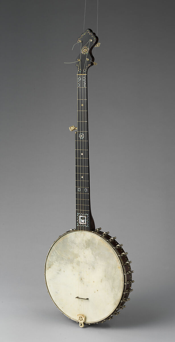 5-string Banjo, Fairbanks &amp; Cole, Calfskin head, various woods (including ebony), metal hardware, mother of pearl and abalone inlays, gut strings, ivory tuners, ivory nut, ivory tailpiece and ivory flush frets, American