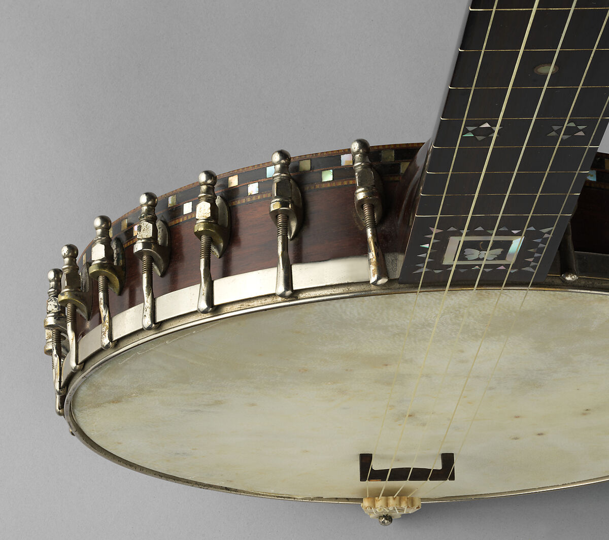 5-string Banjo, Fairbanks &amp; Cole, Calfskin head, various woods (including ebony), metal hardware, mother of pearl and abalone inlays, gut strings, ivory tuners, ivory nut, ivory tailpiece and ivory flush frets, American
