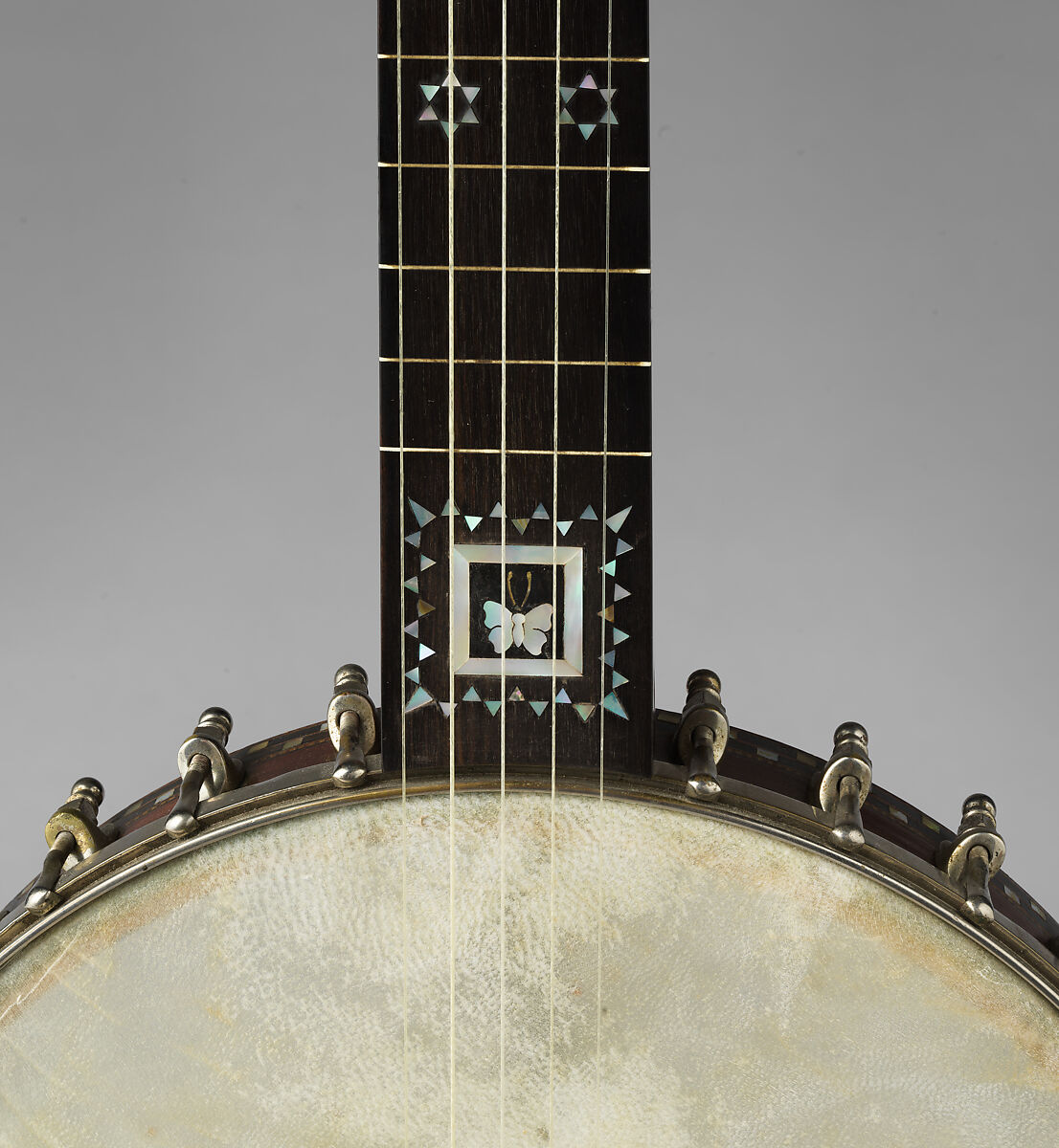 5-string Banjo, Fairbanks &amp; Cole, Calfskin head, various woods (including ebony), metal hardware, mother of pearl and abalone inlays, gut strings, ivory tuners, ivory nut, ivory tailpiece and ivory flush frets, American