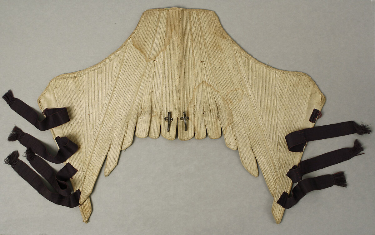 Corset, a,b) silk, linen, metal; c) silk, linen, paper, British