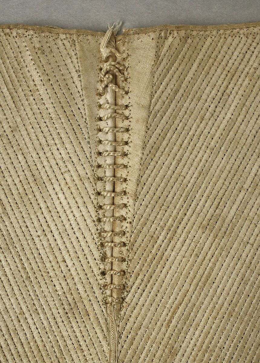 Corset, a,b) silk, linen, metal; c) silk, linen, paper, British