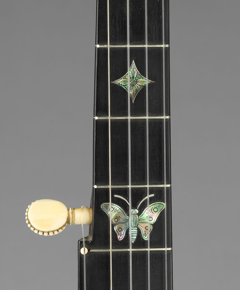 “Eclipse 4000” model banjo, William A. Cole, Calfskin head, various woods (including ebony), metal hardware, mother of pearl and abalone inlays, gut strings, ivory tuners, ivory tailpiece and bone nut, American