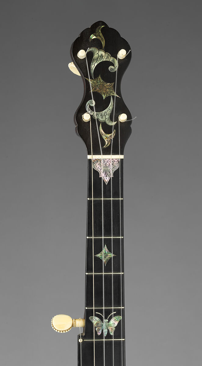 “Eclipse 4000” model banjo, William A. Cole, Calfskin head, various woods (including ebony), metal hardware, mother of pearl and abalone inlays, gut strings, ivory tuners, ivory tailpiece and bone nut, American