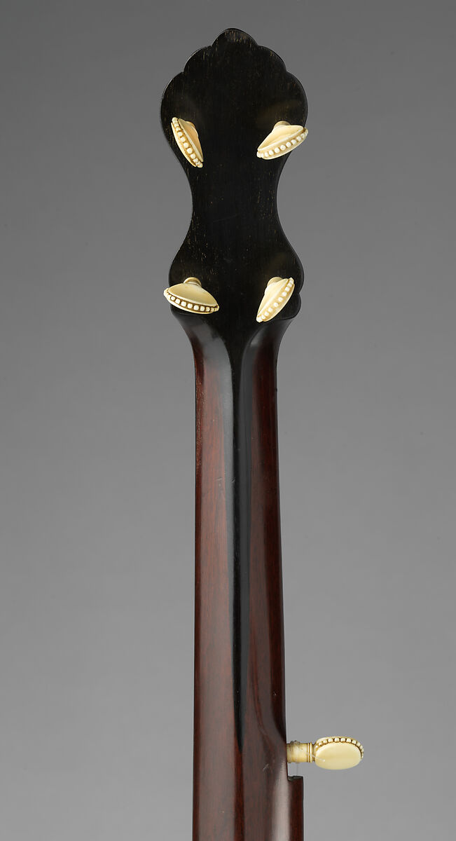 “Eclipse 4000” model banjo, William A. Cole, Calfskin head, various woods (including ebony), metal hardware, mother of pearl and abalone inlays, gut strings, ivory tuners, ivory tailpiece and bone nut, American